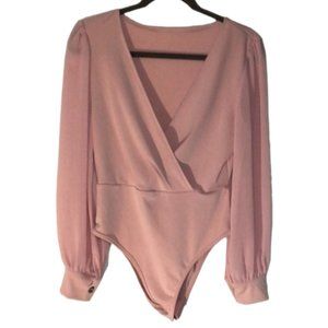 Shein Rose Pink Draped V-Neck Sheer Sleeve Bodysuit - Size M